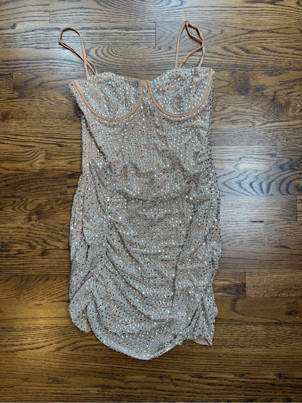 Oh Polly Women’s Azelie Tan Embellished Sequin Ruched Corset Mini Dress Glam 6